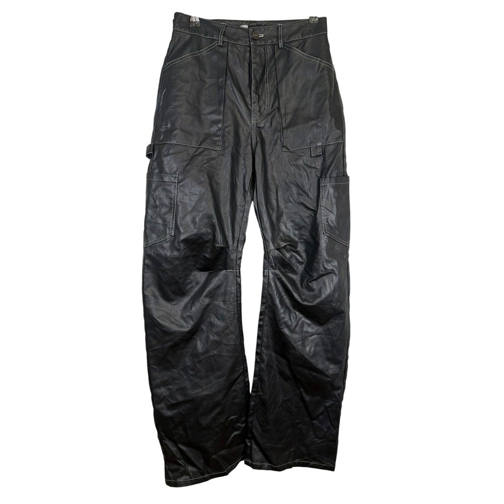 Lioness Black Faux Leather Cargo Carpenter Pants White Contrast Stitch XS